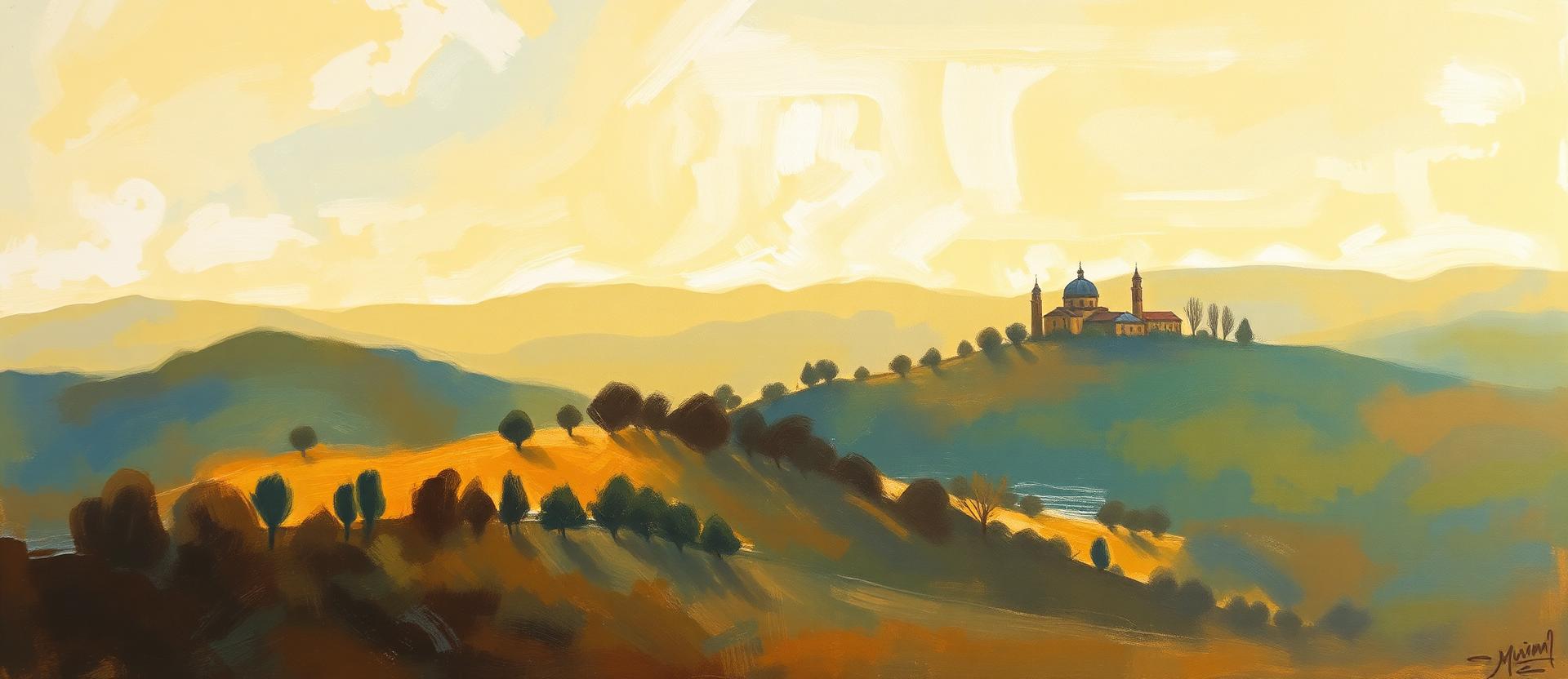 Featured oil painting: Tuscan landscape at golden hour by Emma Altafulla